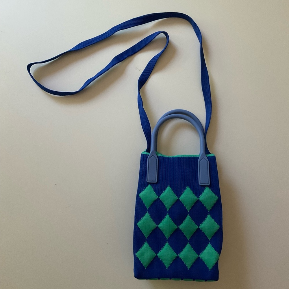 NEW Knit Fabric Small Crossbody Bag Rubber Handles Diamond Blue Aqua Green Mint